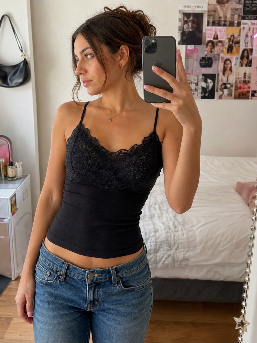 vintage y2k eyeshadow black lace cami top medium coquette goth 90s fairy grunge